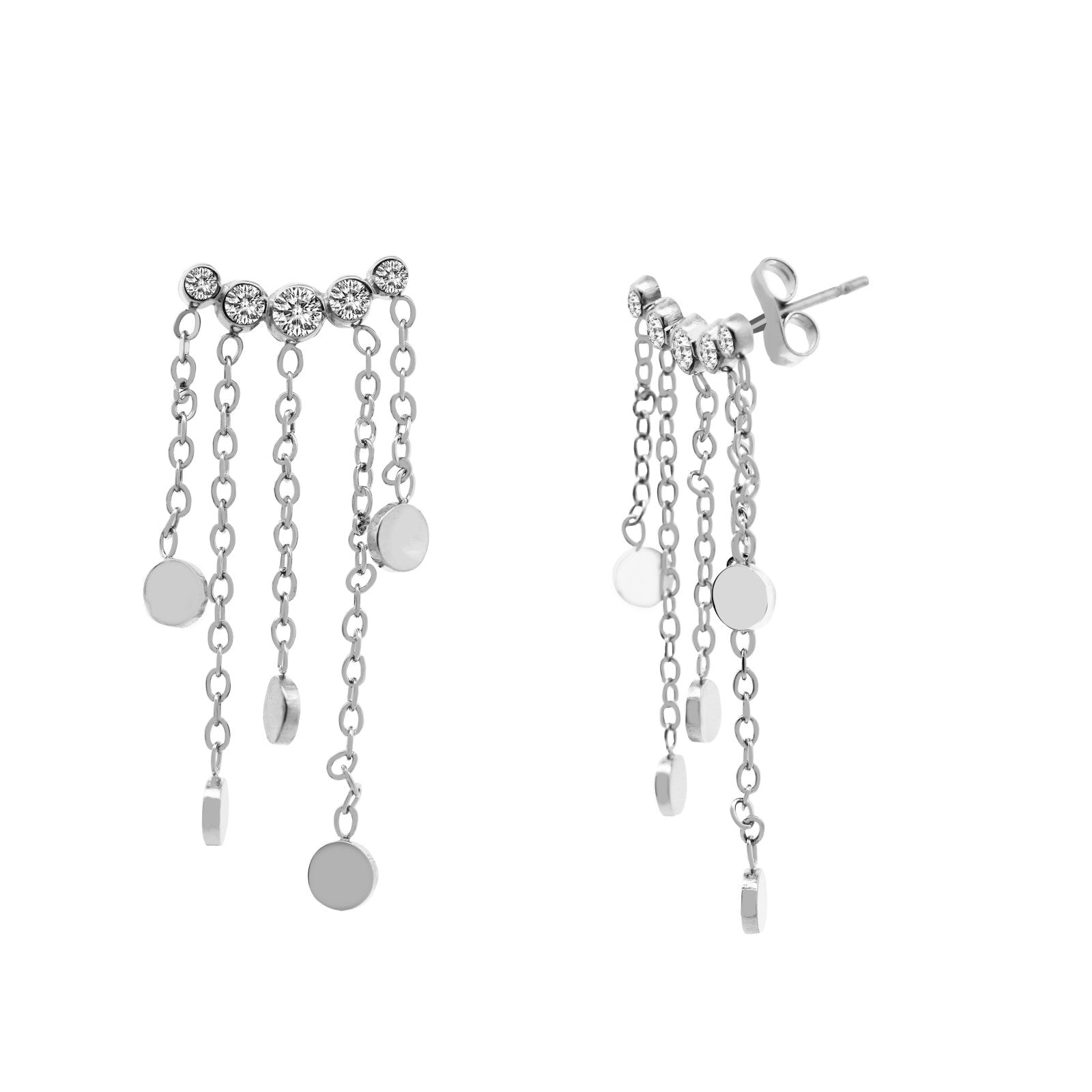 Orecchini Venere in acciaio inox Galia Jewels con catenelle pendenti indossati su modella