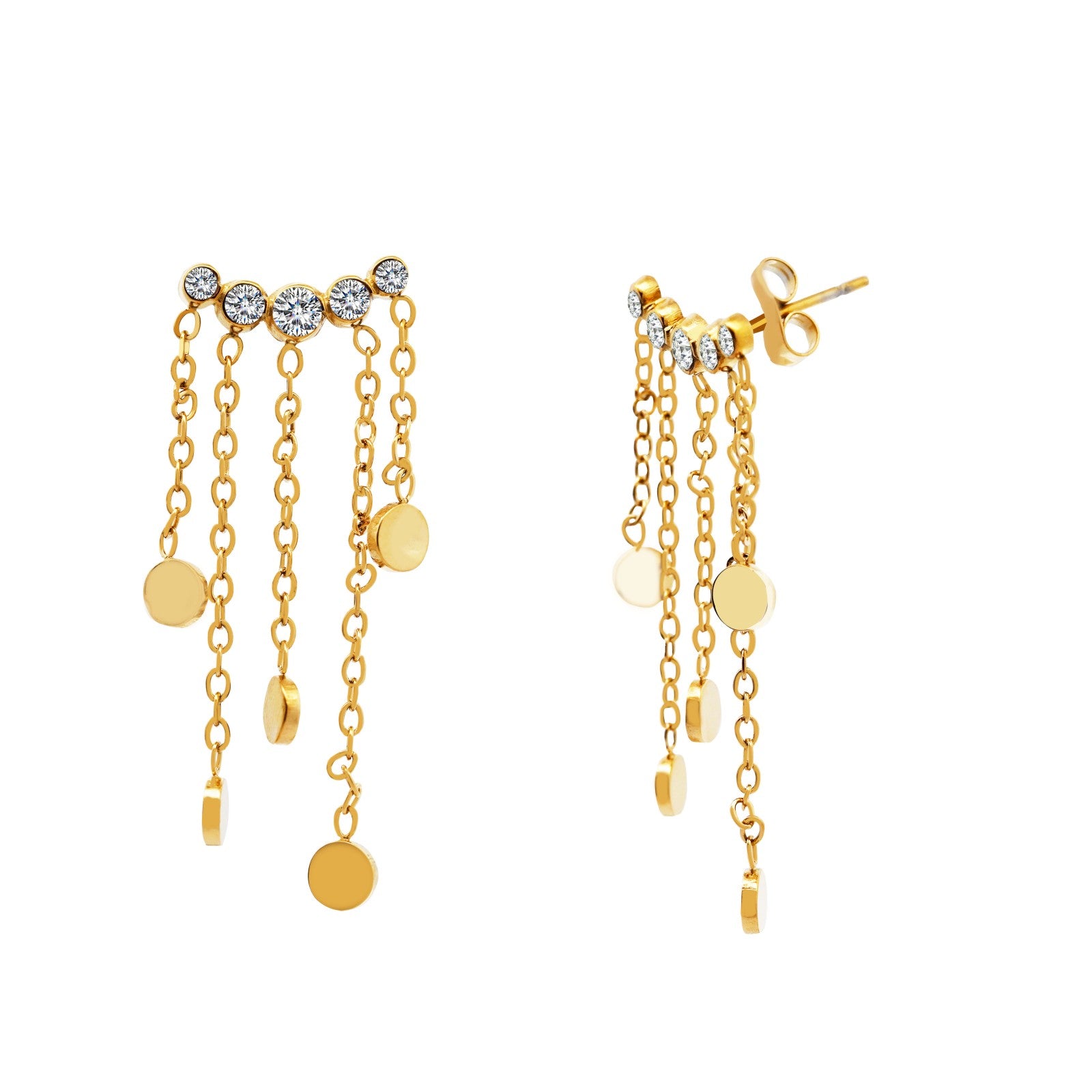 Orecchini Venere in acciaio inox Galia Jewels con catenelle pendenti indossati su modella